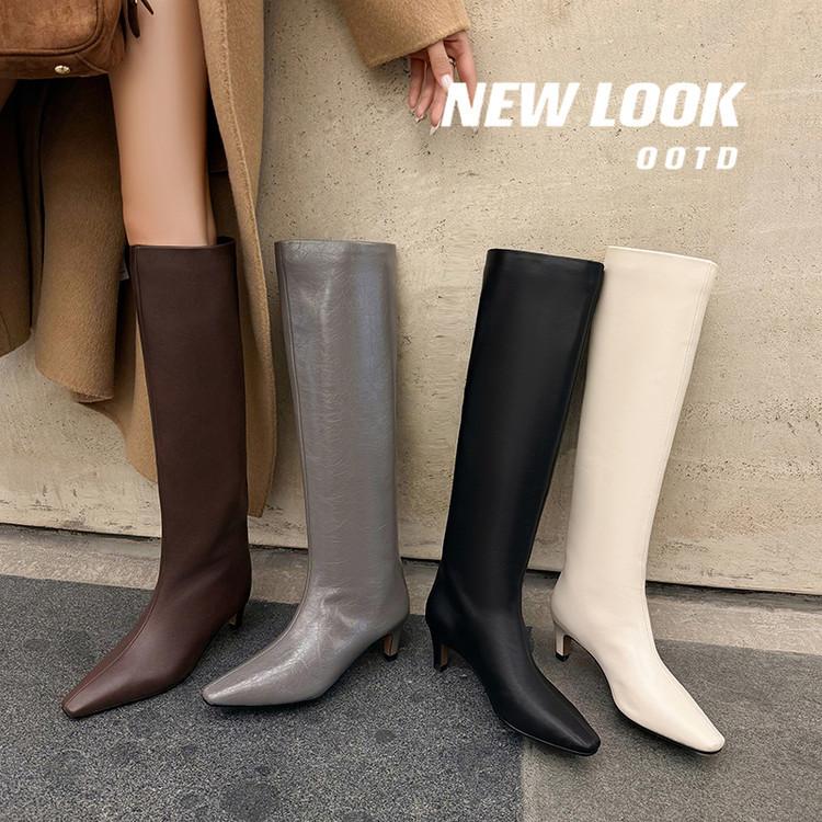 Lazy Wind~ European and American Style Temperament Folds Tall Stacked Boots Women's Versatile Square Head Cat and Cowhide Boots Internet Celebrities