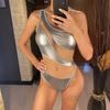 Mesh Sheer Splicing PU Leather Women Swimwear One Piece Swimsuit Female One Shoulder Asymmetric Bather Bathing Suit Swim