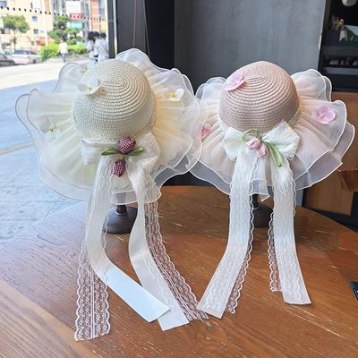 Baby Girl Straw Sun Hat Tulip Crown Wide Brim UV Protection Beach Vacation Cap for Summer
