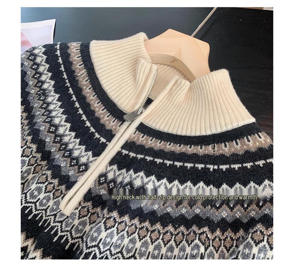 Women's Fair Isle Jacquard Wool Sweater - Stand Collar, Half-Zip, Thickened Autumn/Winter Pullover.