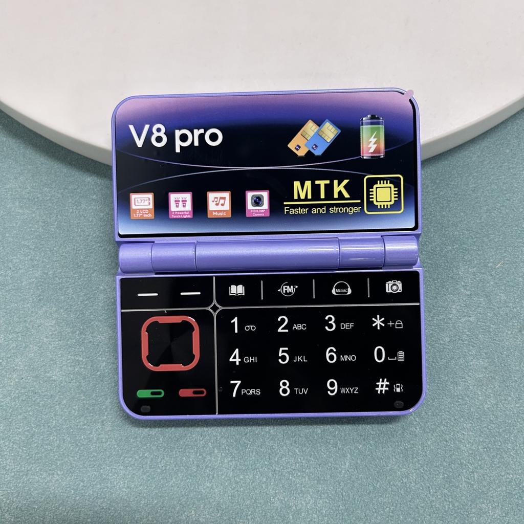 Nový V8 Pro 2G Skládací Mobilní Telefon 1,77 palce Dvojitý Displej MTK Dual SIM Dual Standby Vestavěná Baterie Mp3 Mp4 Bluetooth Mini Svítilna Mobilní Telefon