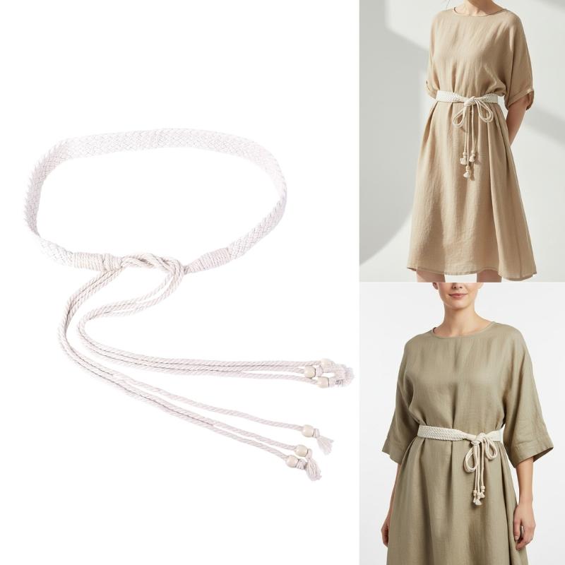 Women's Cotton Linen Woven Bead Belt Soft Breathable Adjustable Waistband for Daily Comfort Fashion and Travel