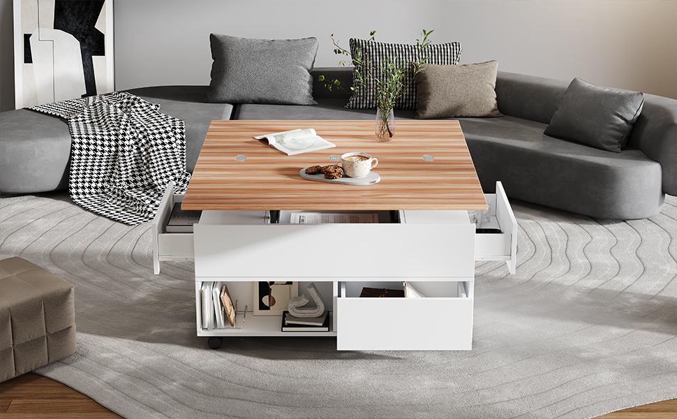 Mesa de Café de 100*50*52cm con 4 Ruedas, Mesa de Sala de Estar con 4 Cajones, Mesa de Café Elevable, Mesa para Sofá de Altura Ajustable, Blanco + Color Madera