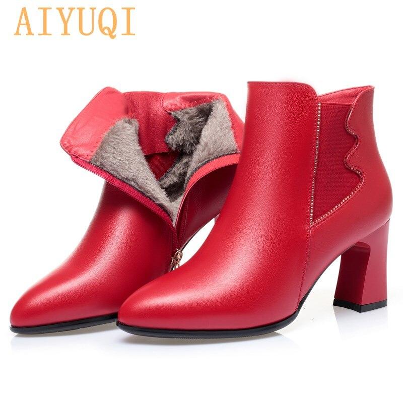 Women High Heel Boots Genuine Leather Red Ladies Dress Boots Winter