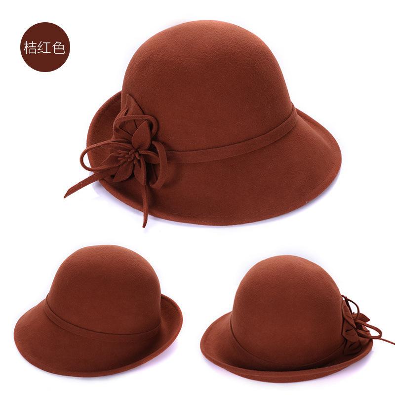 Autumn and winter upturned flower woolen hat lady elegant retro British style shopping hat wide-brimmed hat