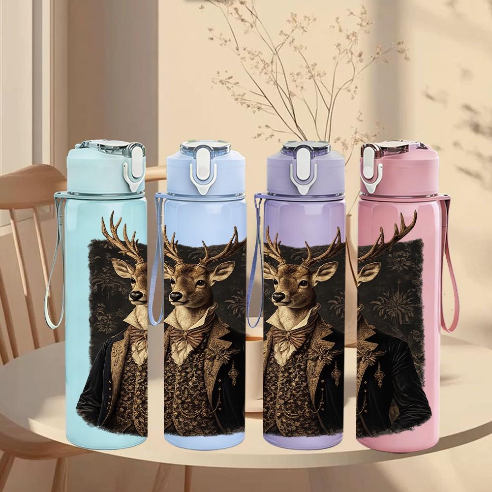 1PC Stag Deer Head Antler Art Print 750ml Color Plastic Sports Water Bottle Leakproof Flip Straw Lid Suitable for Sports Office Home Use