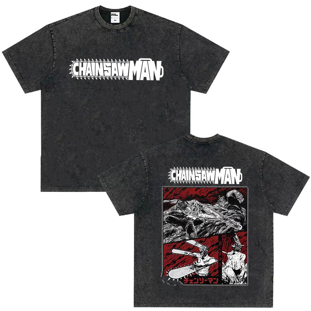 Japanese Anime Chainsaw Man Kobeni Metal Denji Tshirt Vintage Washed Manga Graphic T Shirts Unisex Couples Short Sleeve T Shirt