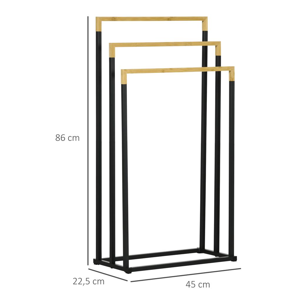 Towel Rack Towel Rack Set 3 Towel Bars, Industrial Design, Bamboo, 45 x 22.5 x 86 cm, Black + Natural