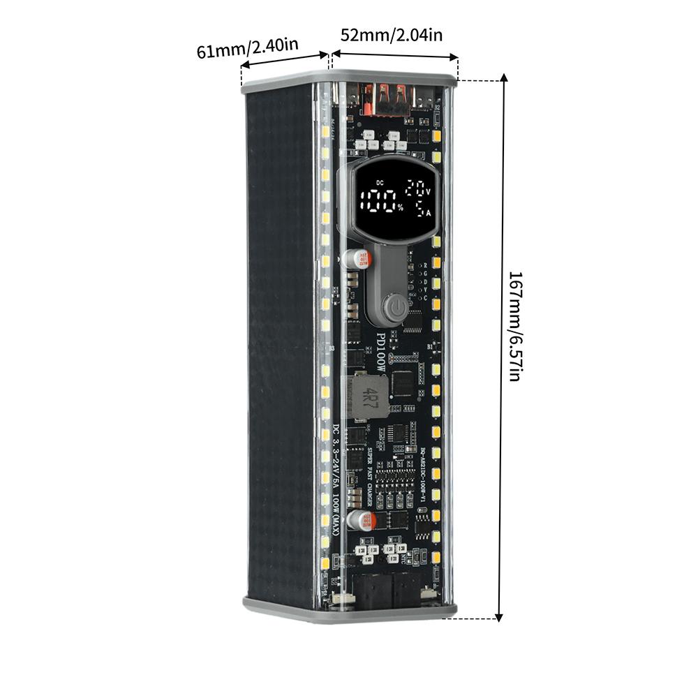 PD100W Transparent Power Bank Case 8* 21700 Batteries Solder-Free Design 100W Fast Charging for Laptops and Smartphones