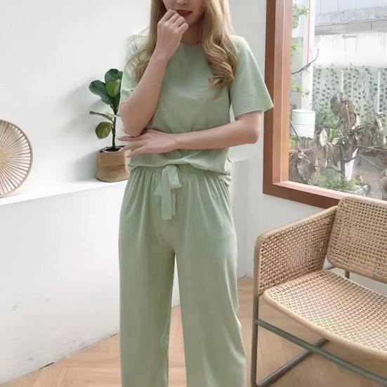 Casual Ice Silk Pajama Set with Round Neck T-shirt and Wide Leg Trousers