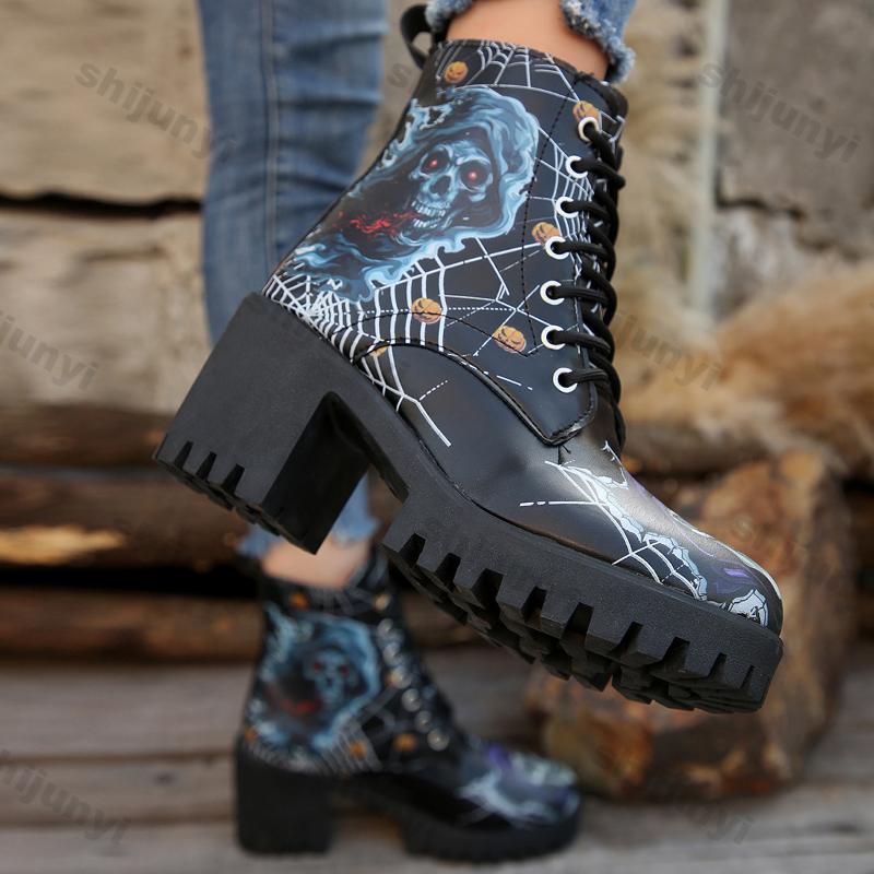 Fashion Fashion Printed Platform Ankle Boots for Women Autumn Winter Black High Heels Short Boots Woman Lace-up Thick Heeled Botas Mujer