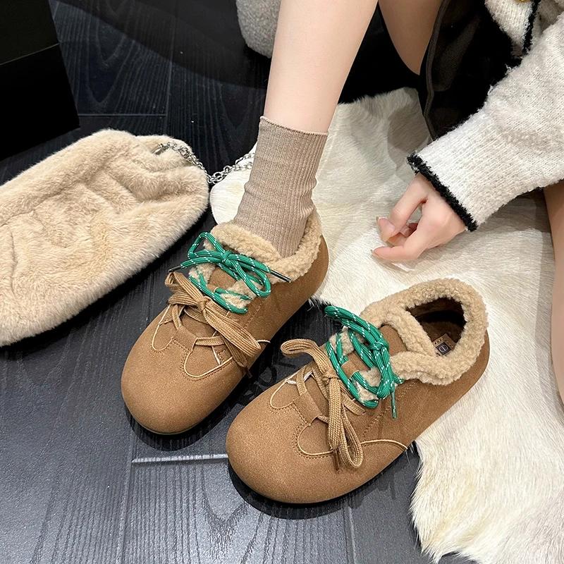 Winter New Flat Shoes Women's Round Head Suede Front Lacing Soft Sole Anti-slip Wear-resistant Short Boots