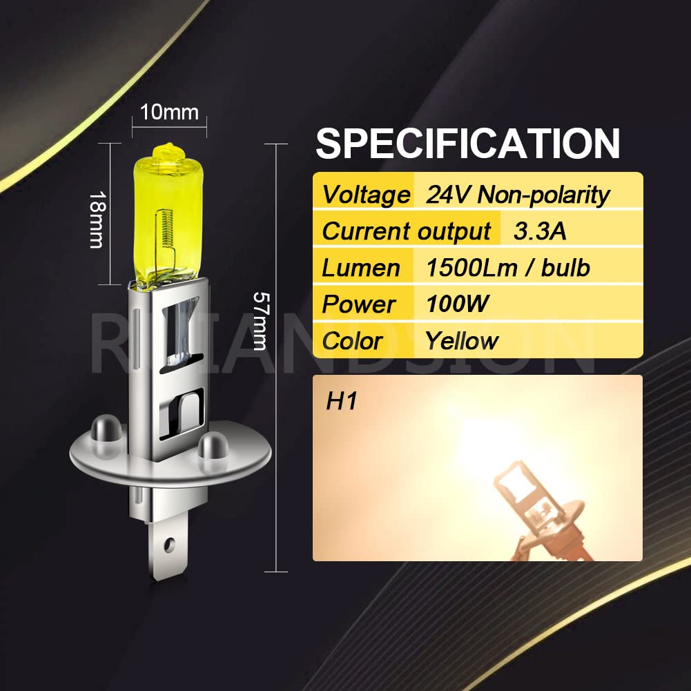 Ruiandsion 2pcs H1 Halogen Headlight Bulb Fog Lamp 100W 24V Yellow 64150 12258 Light Bulb