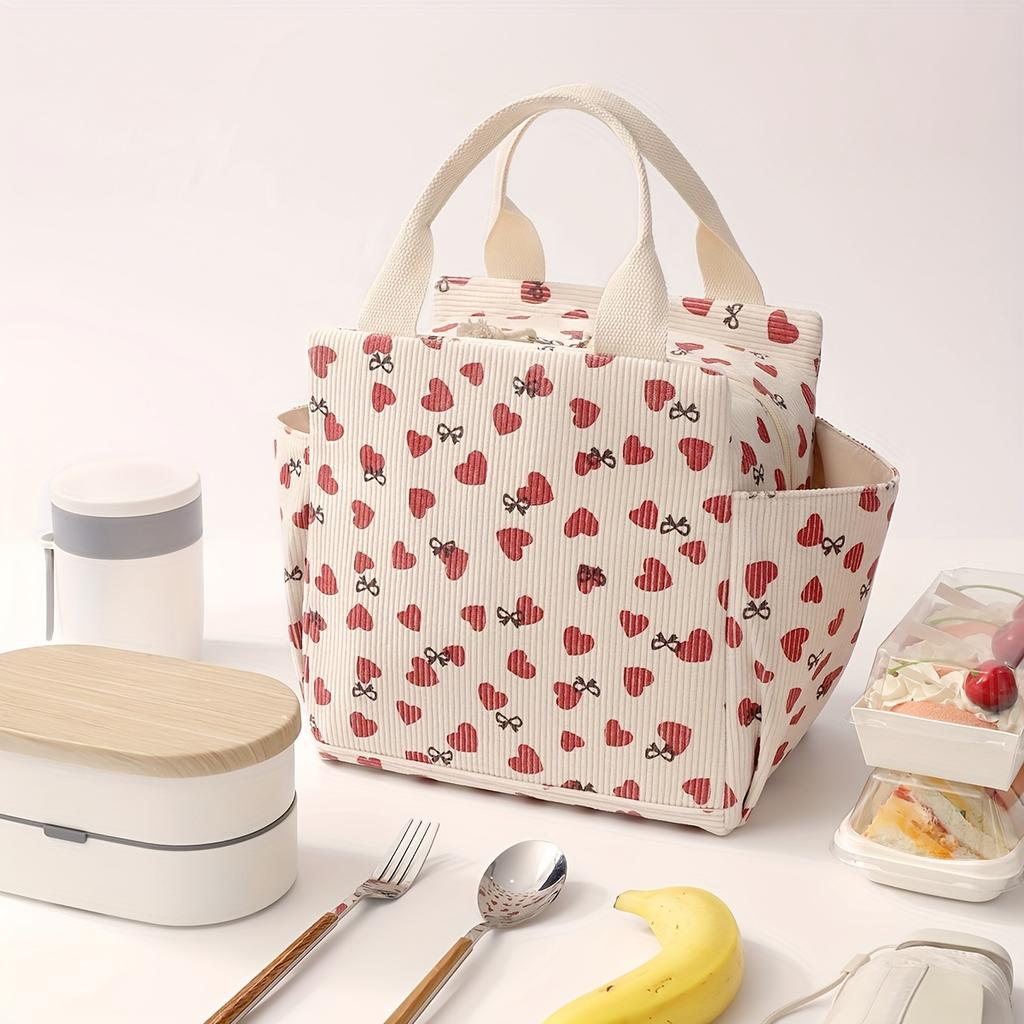 Corduroy Insulated Lunch Bag Large Capacity Reusable Tote With Handles And Zipper Multifunctional Durable Bento Box Carrier Floral Pattern Neutral