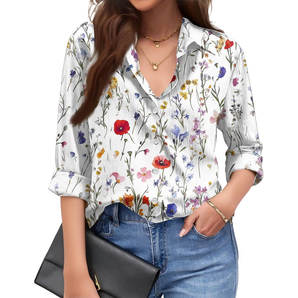 Women's Fashionable Casual Loose Floral Print Long,sleeved Shirt