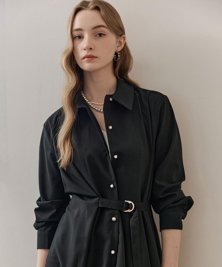 MAXZA Asymmetrical Drape Belted Shirt Dress