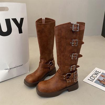 2024 Neue Damen Lederstiefel Braun Kniehohe Stiefel Retro Damen Blockabsätze Eckige Zehenschuhe Damen Ritterstiefel Q62