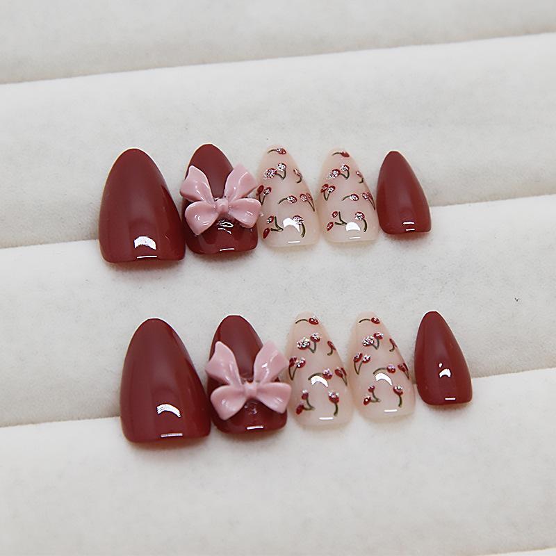 Nail Patch Solid Color False Nail Removable Nail Lychee Wear Nail Bow Nail Patch Drill 30 Pieces