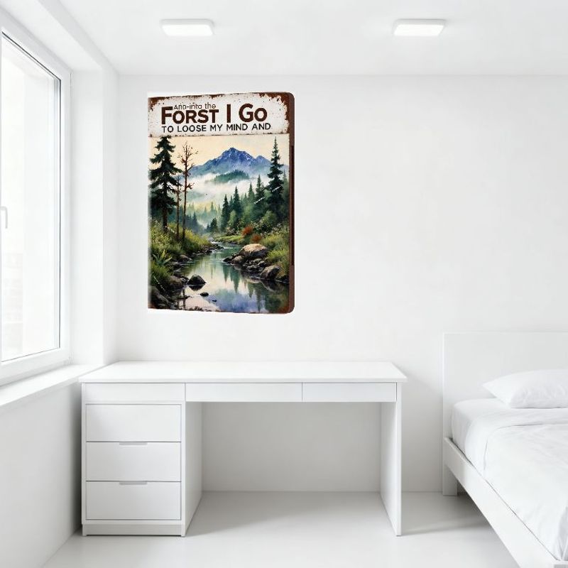 Vintage Metallskylt med Skogsbäck och Citatet 'Into the Forest I Go to Lose My Mind' Rustik Naturlandskapsväggdekor för Ho