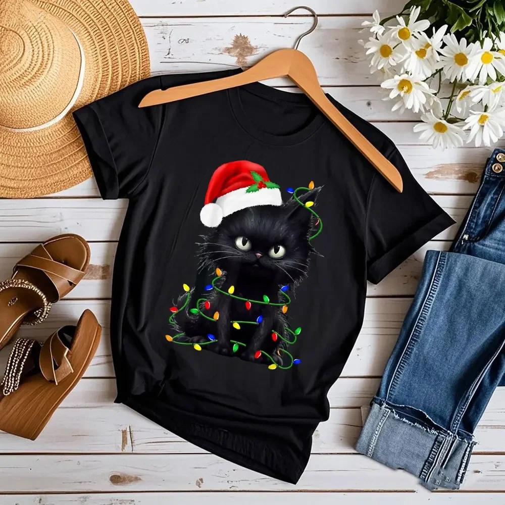 Schwarze Katze Weihnachtsmann Weihnachten Familie Weihnachten Bedrucktes T-Shirt Damen Freizeit-T-Shirt Bequeme Persönlichkeits-Tops Weiche Kleidung
