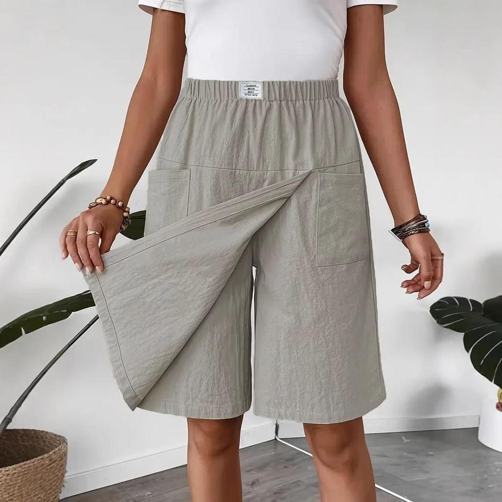 Damen elastischer Bund Skort Lässige einfarbige Leinenmischung Shorts mit Taschen