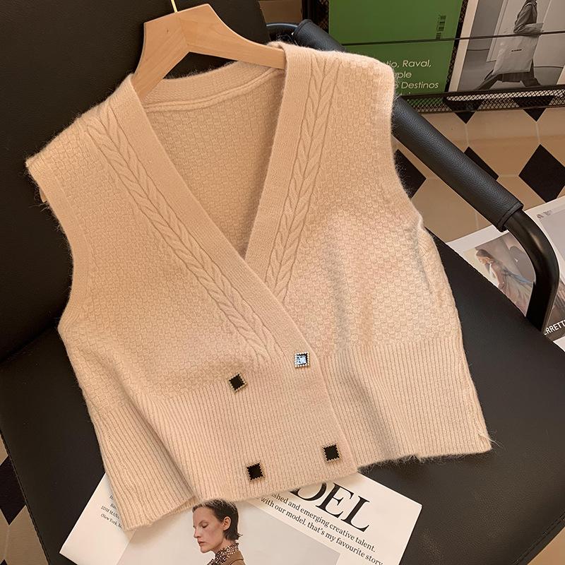 Big V-neck Solid Color Knitted Vest for Women's Outerwear Cardigan Korean Version Sleeveless Jacket for Women