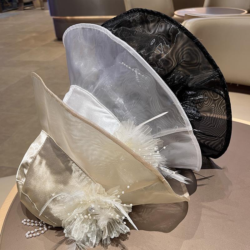 Satin polyester organza flower bucket hat women's summer breathable advanced elegant sunshade basin hat shows small face sunscreen