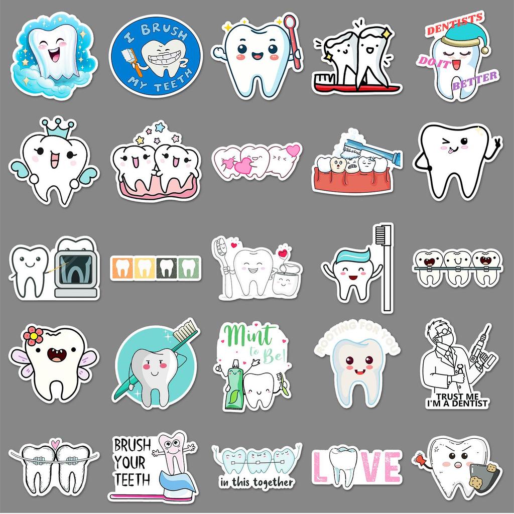 50 Cute Cartoon Waterproof Teeth Stickers for Creative Decoration