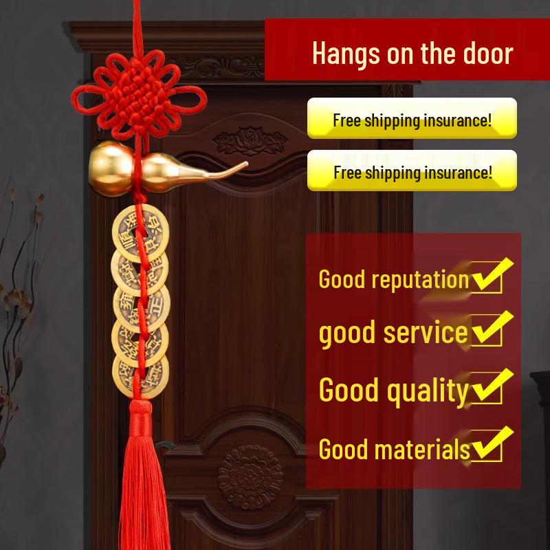Brass Gourd Five Emperors Copper Coins Cinnabar Knot Pendant for Entrance, Bedroom, and Kitchen
