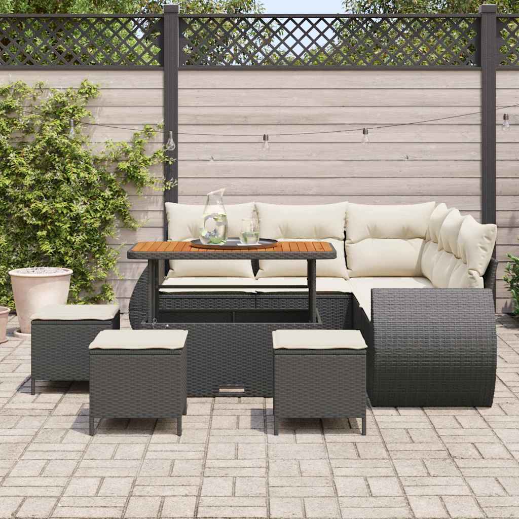 9 Piece Garden Sofa Set with Cushions Black and Cream Poly Rattan
