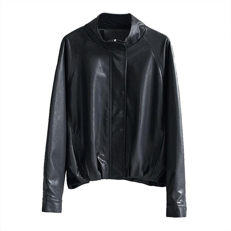 Orange Zhi Early Autumn Stand-Up Collar Leather Motorcycle Jacket 39116