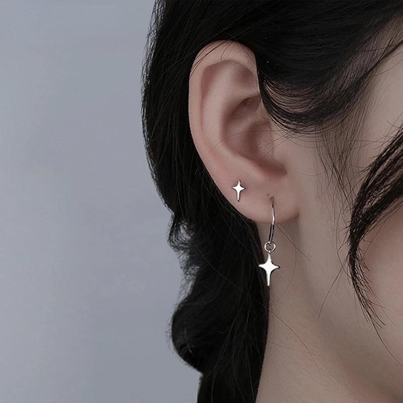 New Silver Needle Asymmetric Four-pointed Star Earrings for Women Super Fairy Stud Earring Simple Silver Color Jewelry