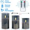 Rechargable Flameless Candles with Timer & Remote Control, Built-in Battery LED Candles, Gray Glass Candles Gift Set, Set of 3 Pillar Flickering