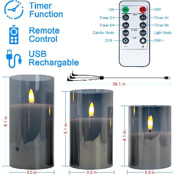 Rechargable Flameless Candles with Timer & Remote Control, Built-in Battery LED Candles, Gray Glass Candles Gift Set, Set of 3 Pillar Flickering