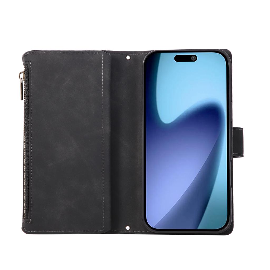For iPhone 17 Pro Case Zipper Wallet Multiple Card Slots Leather Phone Cover with Wrist Strap