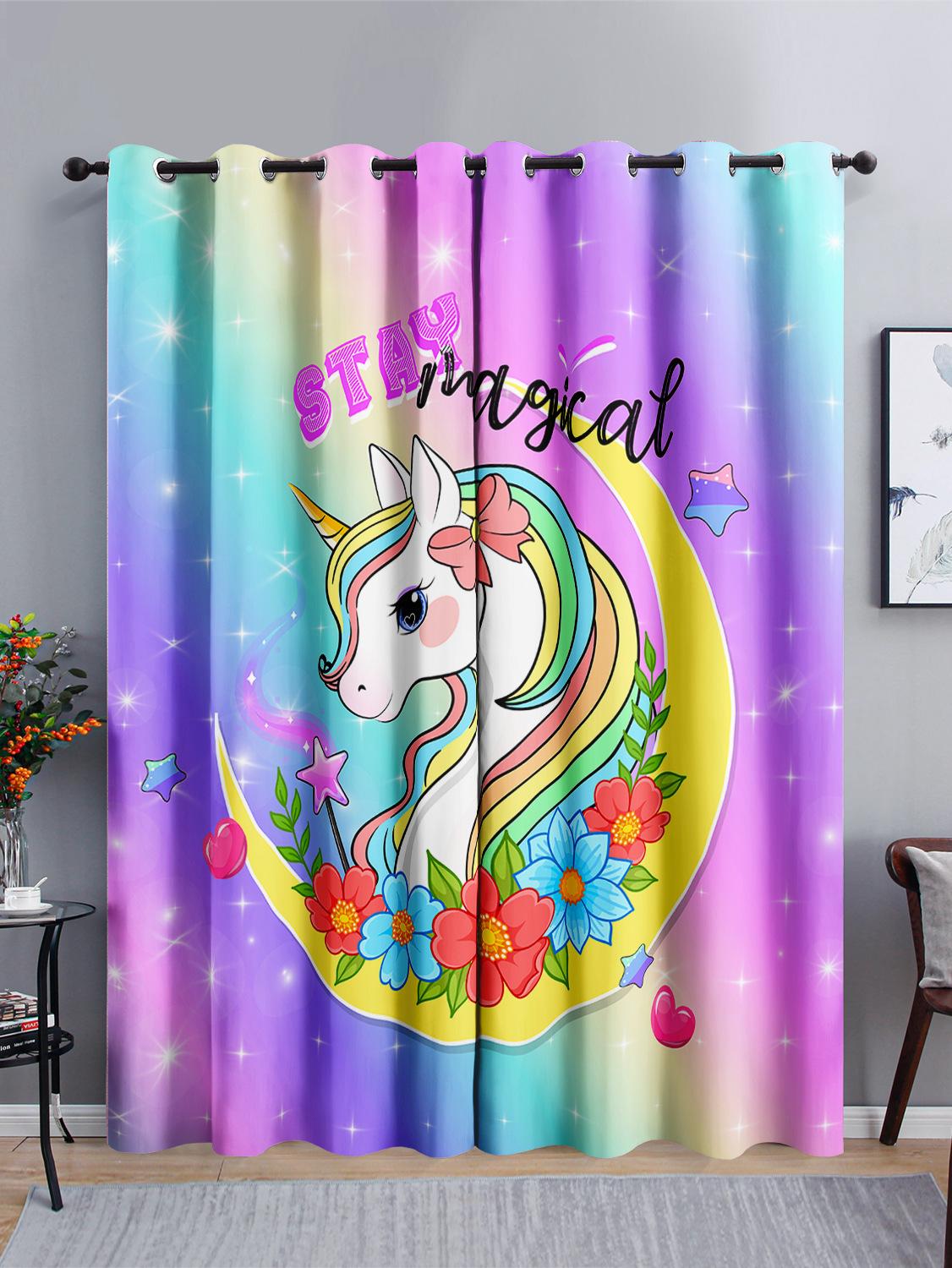 

Curtains Rainbow Unicorn Curtains Digital Printing Blackout Curtains No Perforation Curtains 97cm*114cm*2