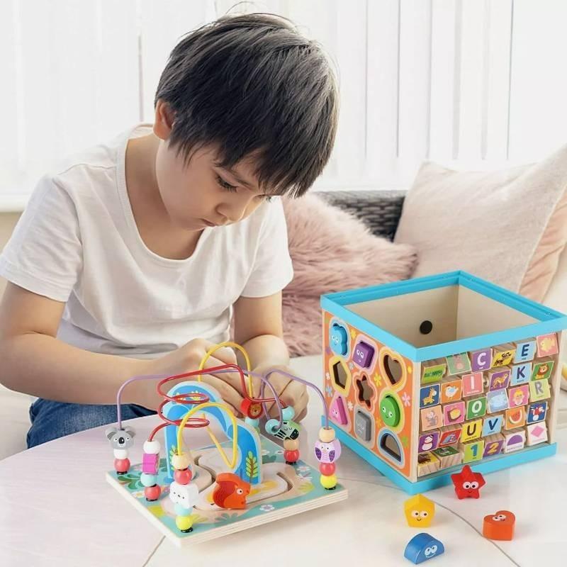 Large Wooden Multifunctional Educational Bead Box For Kids With Shape Sorting And Sensory Play Features