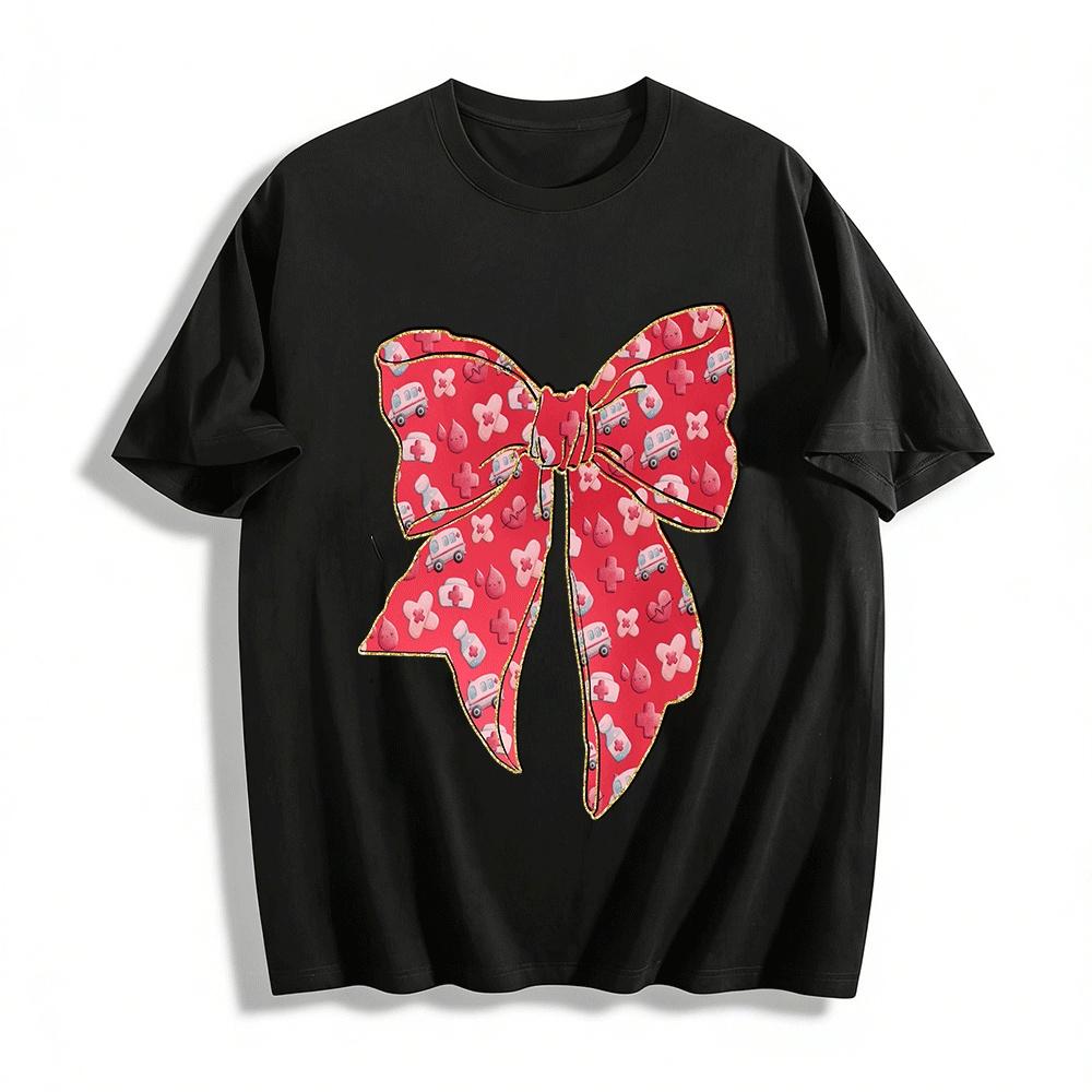 

Medical Theme Print Bow Decor Casual Top Pure cotton T-shirt XXS