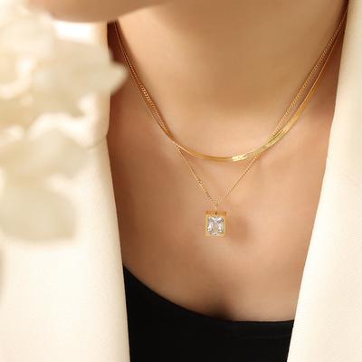 Collier simple et personnalisé à double chaîne empilée, pendentif en zircon, chaîne à lame, bijoux en acier titane plaqué or