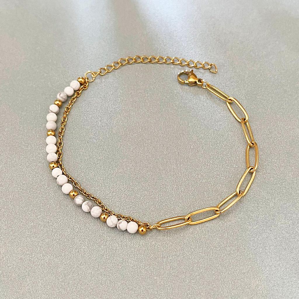 Elegant 18k Gold-Plated Stainless Steel Bracelet with Natural Stone Inlay - Trendy and Fade-Resistant for Women