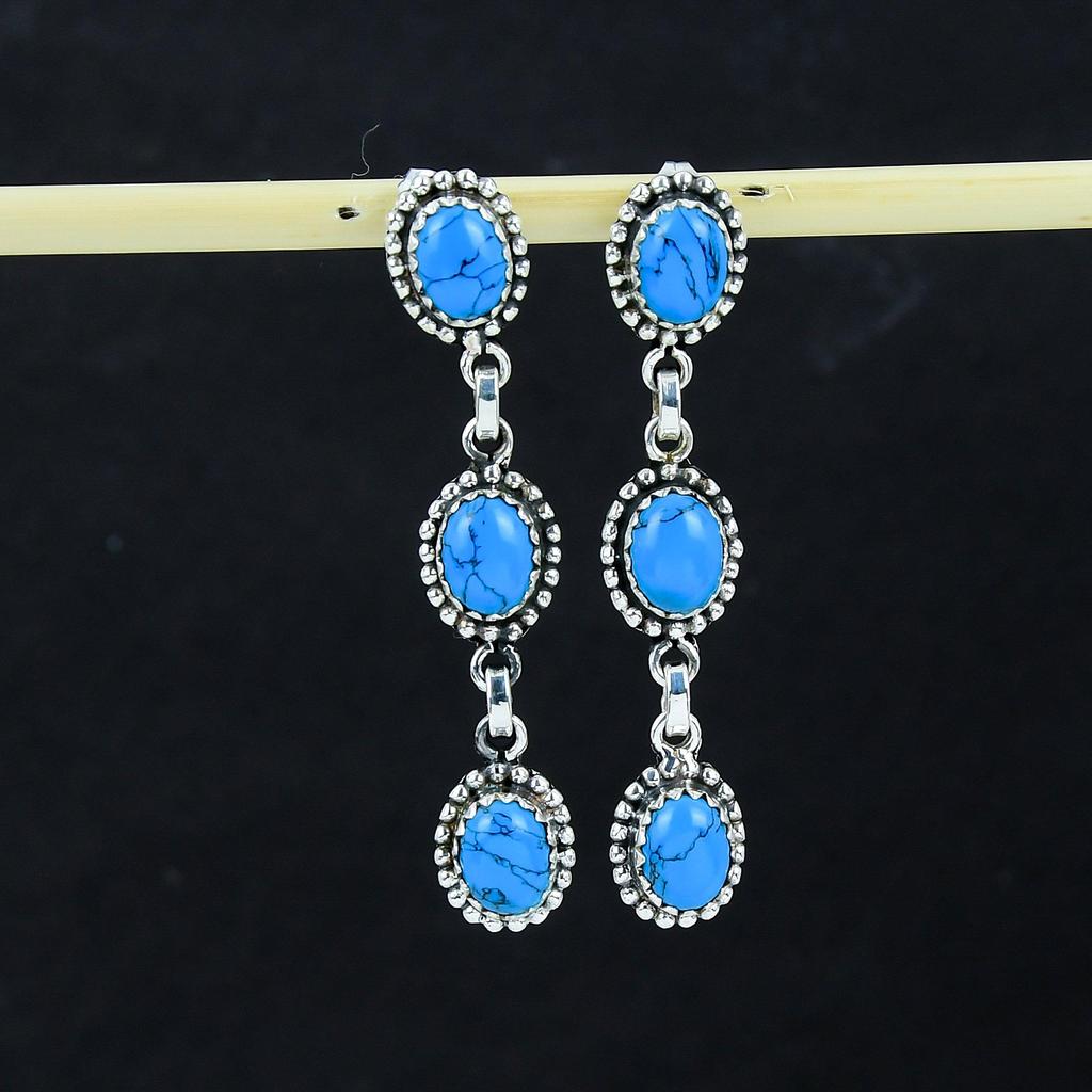 Natural Blue Turquoise Gemstone Earrings, 925 Sterling Silver Earring, Handmade Boho Silver Jewelry Dangle Earrings, Thanksgiving Gift