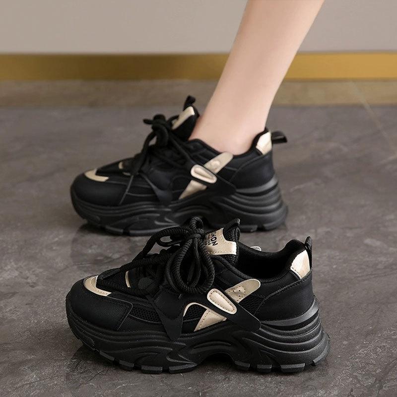 Fashion Double Mesh Breathable Non-slip Dad Shoes Women's 2025 Spring New Middle Heel Soft Sole Wide Foot Casual Thick Sole Sports Shoes