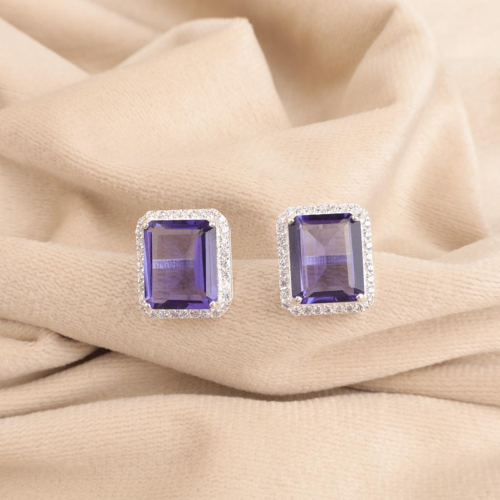 Iolite Gemstone 925 Solid Silver Jewelry Zircon Earrings 0.57" Anniversary Gift CZE-6-5