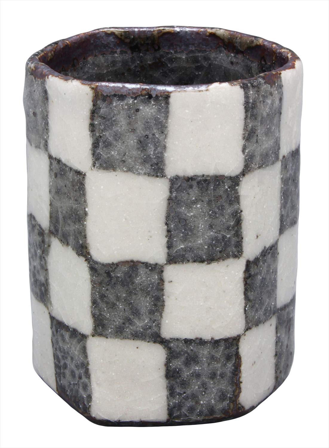

Mino ware Miura Shigehisa hexagonal teacup, large, approximately 7.5cm diameter, gray Shino checkered pattern, made in Japan, 060-0010