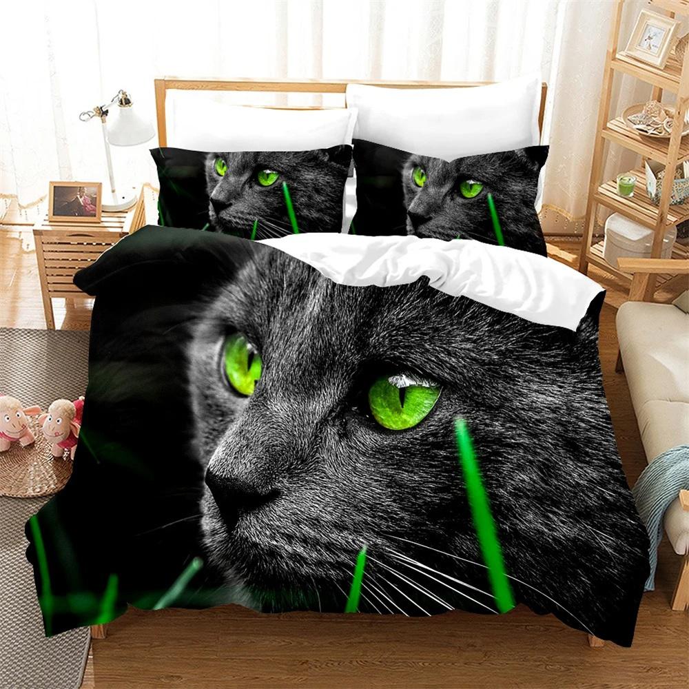 Black Cat Bedding Set King Queen Size 3D Cute Dark Blue Pet Kitty Bedroom Decor Duvet Cover for Kids Teens Adult with Pillowcase