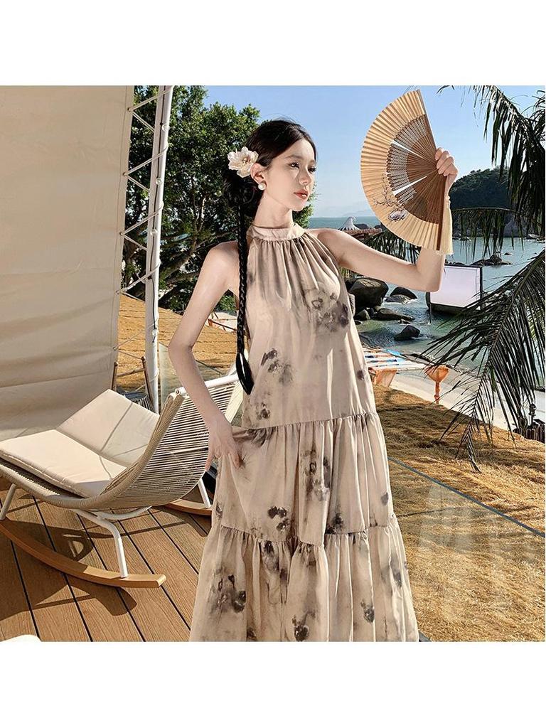 Apricot Women's Sleeveless Loose Summer Dress - New Chinese National Style