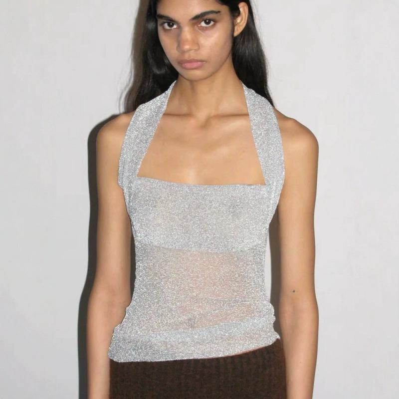 

Halter Sling Sleeveless Halter Sequined Top Vest S сірий