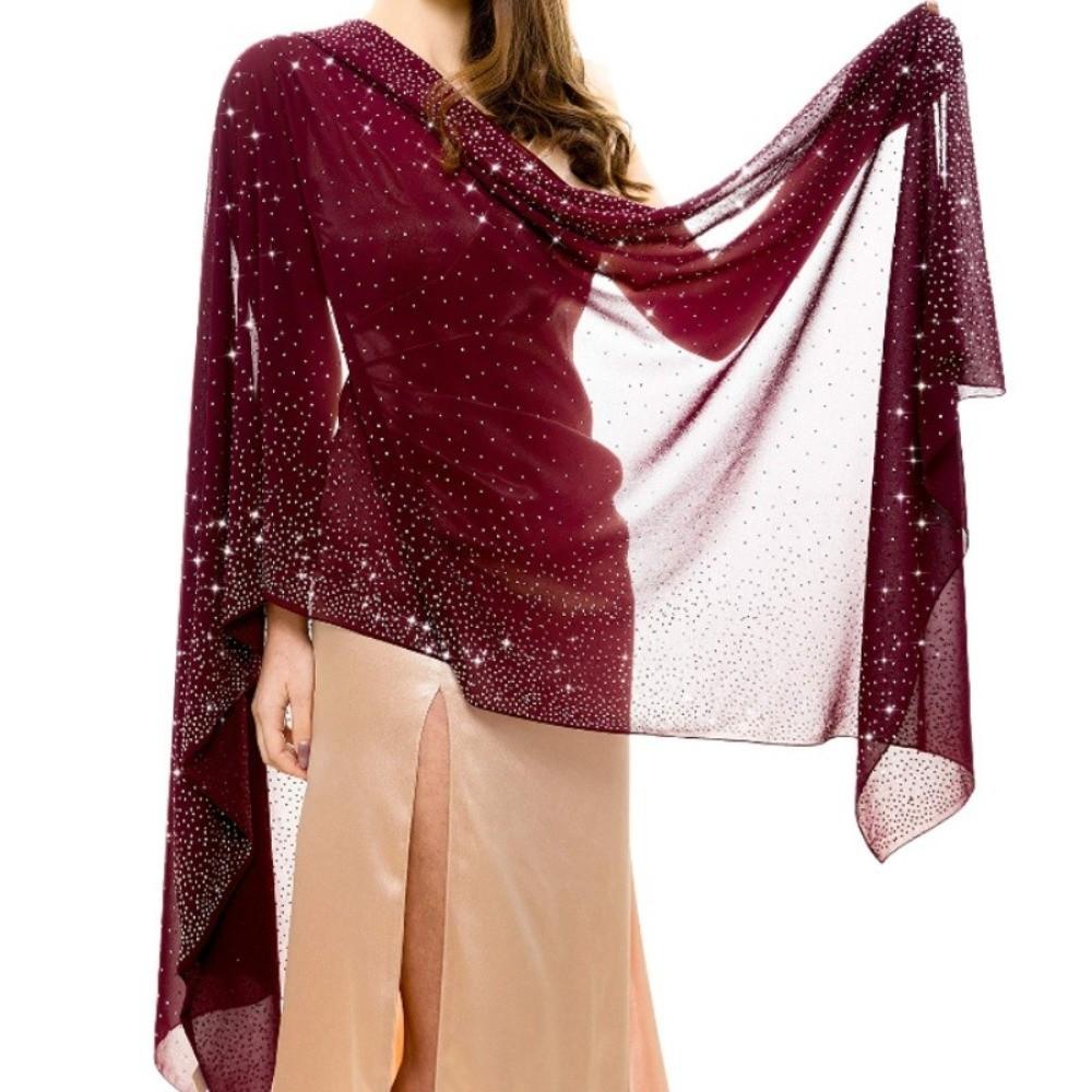 Rhinestone Women Chiffon Shawl Solid Color Soft Sparkling Sheer Wrap Breathable Thin Party Scarf