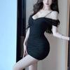 French pure desire sexy mesh off-the-shoulder suspender dress design sense tight waist and thin temperament hip-wrapped short skirt