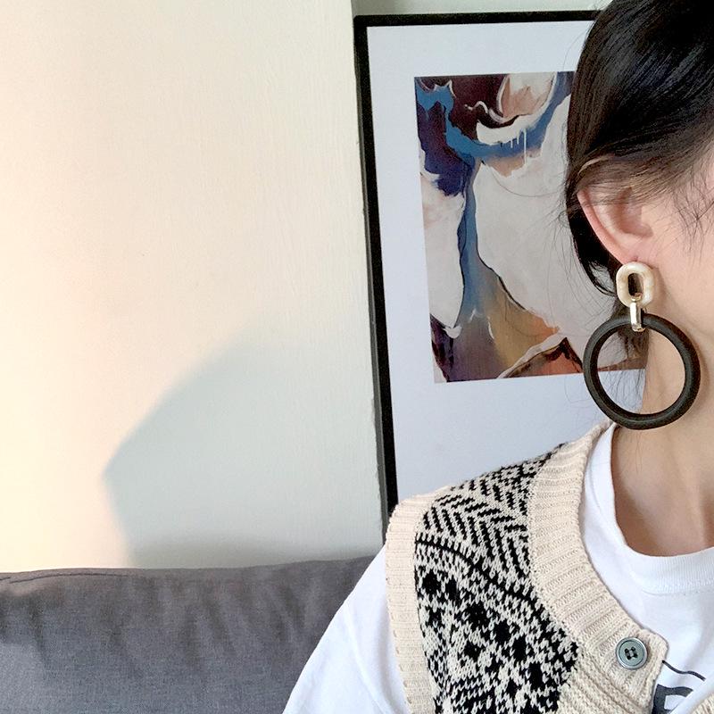 Korean Retro Geometric Wooden Stud Earrings with Metal Letter Dangle